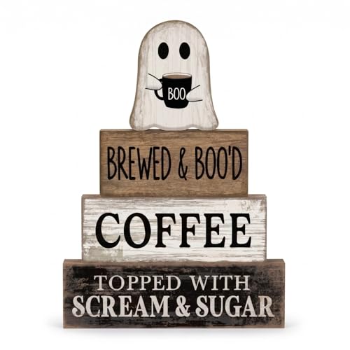 Lineshading 4 Pcs Halloween Coffee Table Decorations Cute Ghost Stacked Wooden Decor - Brewed & Boo'd Coffee Neutral Halloween Tiered Tray Decor Rustic Ghost Table Centerpiece for Home Kitchen Bar
