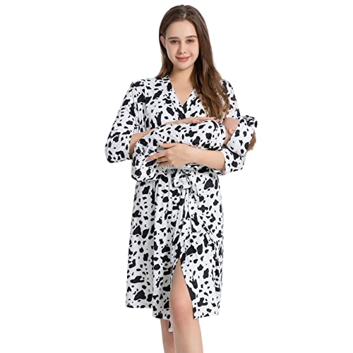 Image of Galabloomer Maternity Robe and Baby Receiving Blanket, Matching Mommy Labor Delivery Robe and Swaddle Set Black Cow