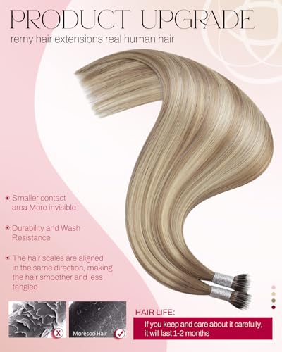 Image of Moresoo Nano Extensions Human Hair, Brown Dirty Blonde Ombre, 22 Inch | 50g 50 strands, extended straight length, lightweight nano placement for evening looks and buildable fullness