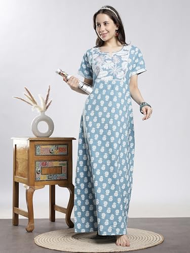 Image of 9shines Label Stylish Pure Cotton Nighty Maxi for Women | Embroidery Neckline Nightgown | A-Line Nightdress with Pocket | Floral Night Gown| Soft Comfortable Cotton Sleepwear (Cotton Yoke)