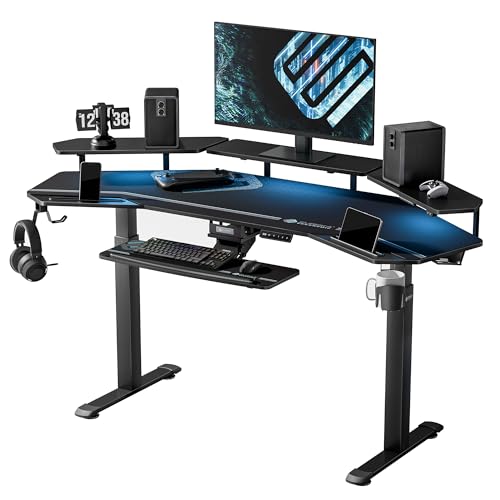 EUREKA ERGONOMIC Scrivania Gaming 182x76 cm Scrivania Regolabile in Altezza Elettrica Scrivania Computer PC Gaming a Forma Ala con LED Ripiani Convertibili per Monitor, Vassoio per Tastiera
