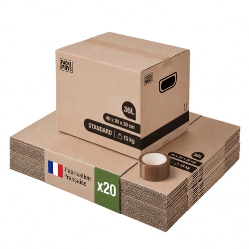 Pack and Move - Lot 20 cartons déménagement stockage livres - 40 x 30 x 30 cm - Poignée renforcées - 1 adhésif offert