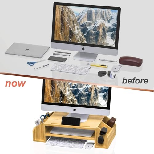 Image of VBM Monitor Riser Stand Bamboo Computer Laptop, Printer, PC with Storage Slot Adjustable Desktop Stand For Home , Office (wooden monitor stand)