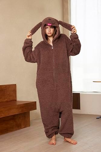 Loiahoer Unisex Animal Poodle Dog Costume Onesie Pajamas,Poodle Puppy Dog Halloween Cosplay Costume,Christmas Pajamas Hooded Zipper Gifts for Women & Men,Brown,XL — view 2