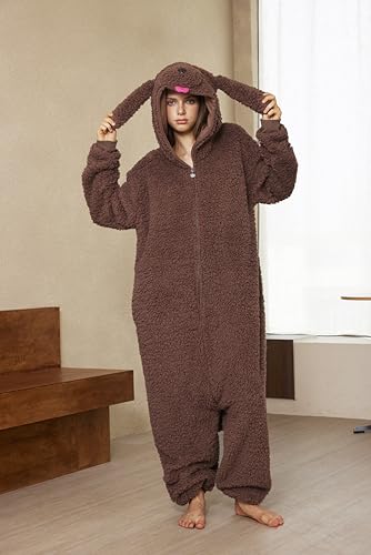 Loiahoer Unisex Erwachsene Pudel Hund Onesie Kostüm Pyjama Dog Halloween Karneval Kostüm,Neuheit Sherpa Welpe Schlafanzug Pyjamas Damen & Herren,Braun,L
