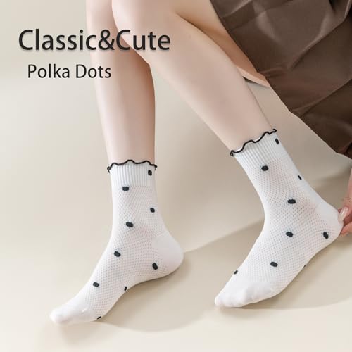 Mcool Mary Women's Ruffle Socks Thin Breathable Mesh Casual Cotton Frilly Cute Ankle Socks Polk dots Heart White Sock 6 Pack Size 5-92