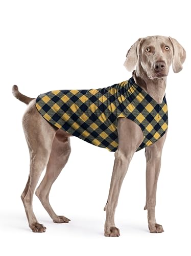 Image of Goldpaw Stretch Fleece Dog Sweater - with Spandex for 4-Way Stretch - Soft, Comfortable Dog Coat - Machine Washable - Made in the USA - Gold Buffalo Check - Size 22