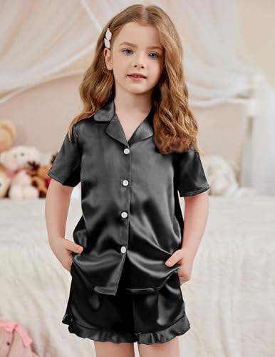 Image of Arshiner Girls Pajamas Silk Satin Pajama Set Button Pjs Ruffle Sleepwear
