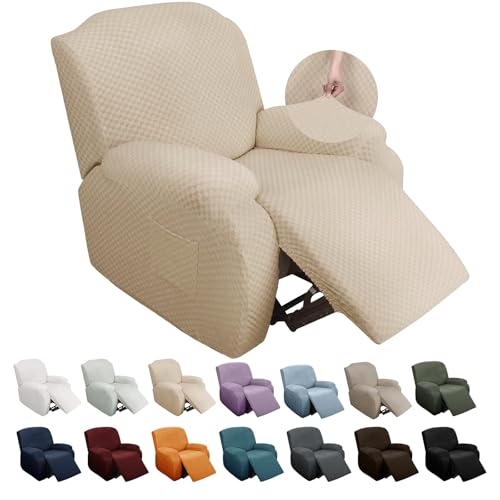 Image of YEMYHOM 4 Pieces Stretch Recliner Slipcover Jacquard Recliner Chair Cover with Side Pocket Anti-Slip Fitted Recliner Cover Couch Furniture Protector with Elastic Bottom (Recliner, Beige)