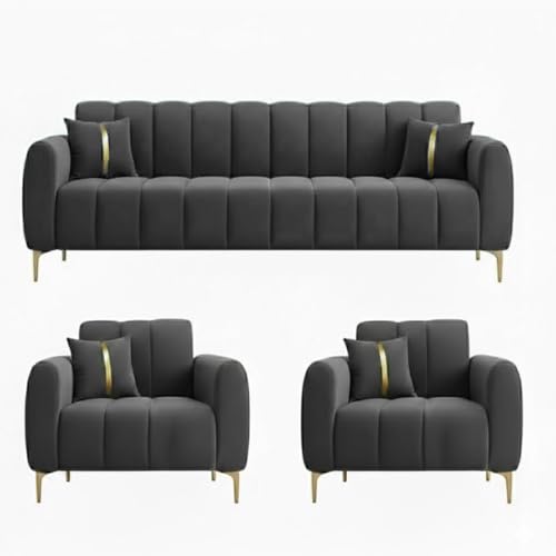 Image of FURNY Harmony 5 Seater Velvet Fabric 3+1+1 Sofa Set (Dark Grey) with Golden Finish Legs | Durable Comfort | Ideal for Living Room