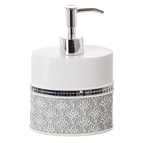 Creative Scents Mirror Damask Grey and White Soap Dispenser, Decorative Hand Soap Dispenser for Bathroom - Modern Countertop Lotion Dispenser with Durable Pump for Elegant Bathroom Decor