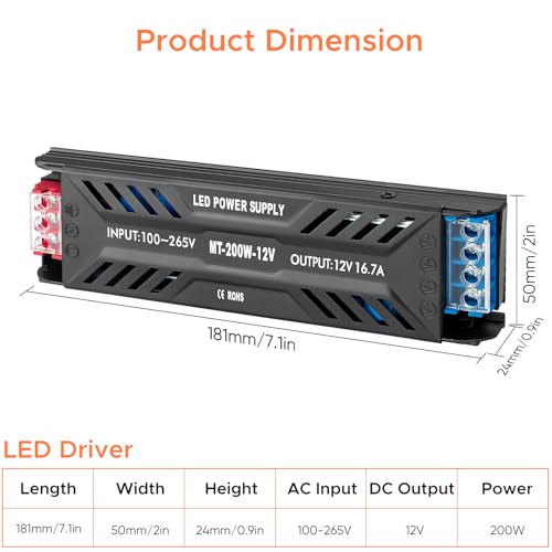 Image of LED Power Supply 12V 200W, LED Driver 16.7A, 120V AC to 12V DC Transformer, IP20 Compact for Home Lighting, LED Lamps