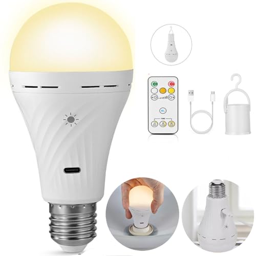 enjoydeal Rechargeable Light Bulb with Remote Control,E27 Battery Powered Light Bulbs 3 Colors & 3 Brightness Dimmable,for Home Outdoor Emergency Camping Lighting (1 Pack)