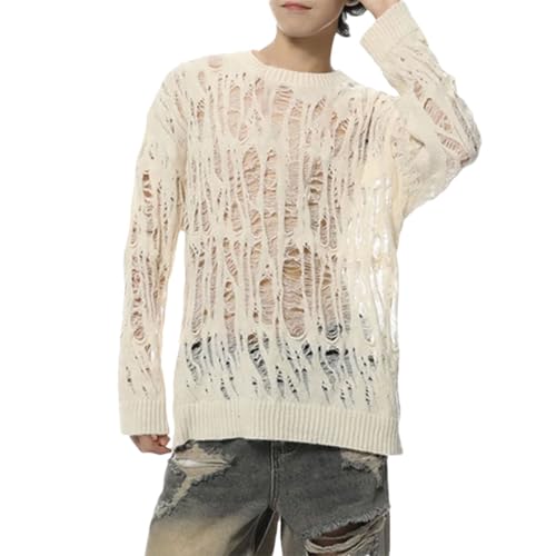 Solid Color Casual Simple Round Neck Loose Hollow Hole Y2k Men's Sweater