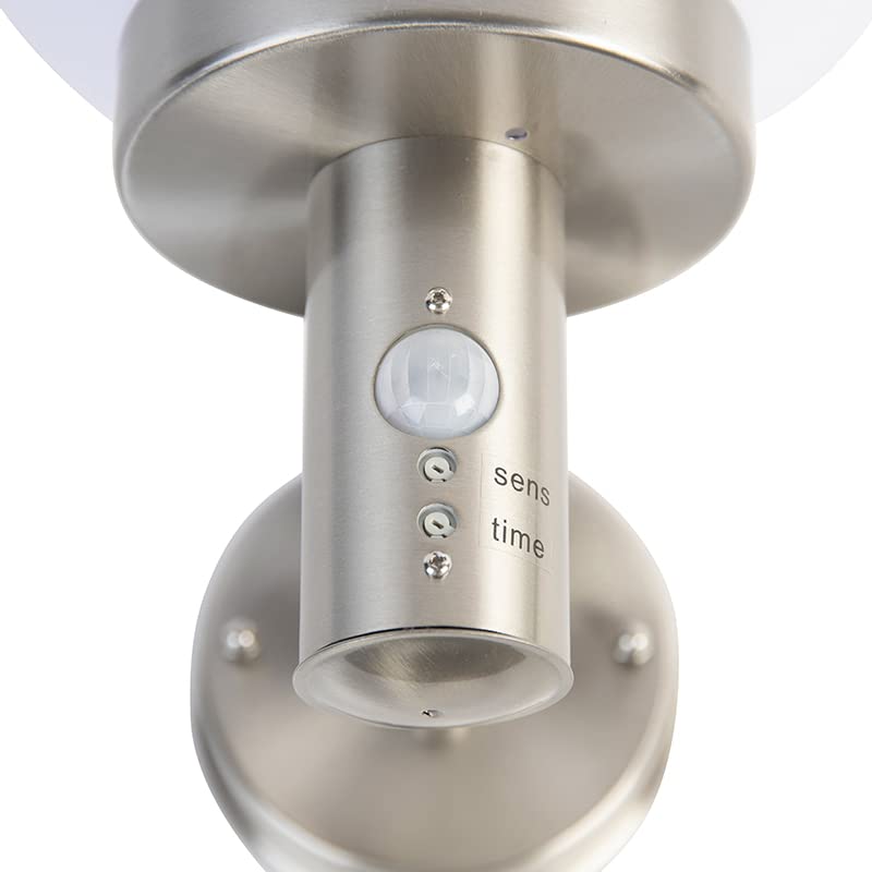 Qazqa Modern außen Wandleuchte, Außenlampe mit Bewegungssensor, Wandlampe für den Garten - Sfera - Silber Farbe, max. 60W, Geeignet für LED, 27cm, IP44