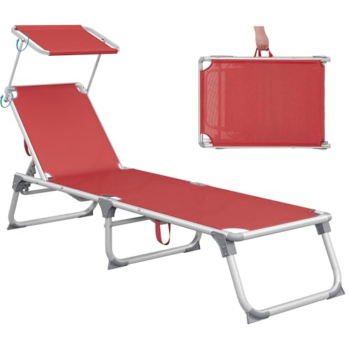 SONGMICS Bain de Soleil, Chaise Longue Pliable, Transat, 193 x 55 x 31 cm, Capacité de Charge 150 kg, avec Pare-Soleil et Dossier Inclinable, pour Jardin,...