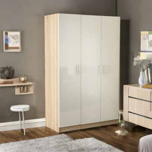 Image of 3 Door Wardrobe in Frosty White and Oak Finished for Clothes and Bedroom / 3 Door Wardrobe with Locker and Drawer