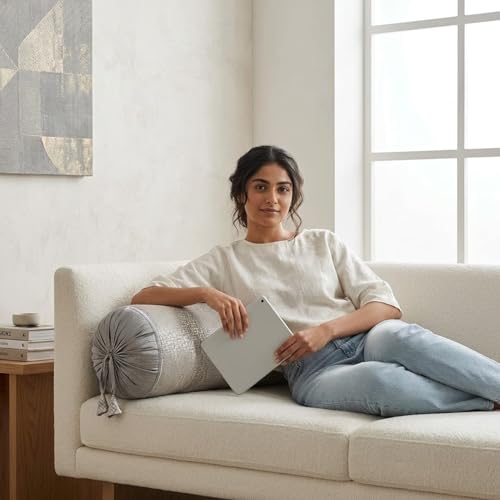 Image of SAJAVAT HOME Steel Grey Silk Bolster Cover for Sofa, Bed & Diwan (Pack of 1) 15x30 Inch | Soft Breathable Side Pillow Cover | Textured Round Pillow Cover for All Seasons