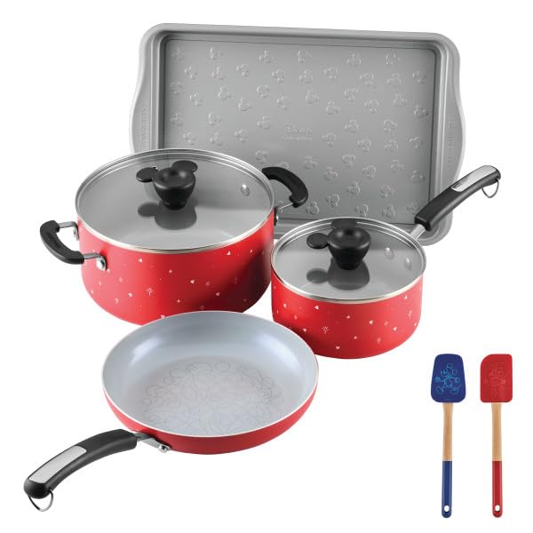 Farberware Disney Bon Voyage Ceramic Nonstick Pots and Pans Set with Baking Sheet/Cookie Pan and Disney Home Kitchen Tools, 8 Piece Non Stick Cookware Set - Red