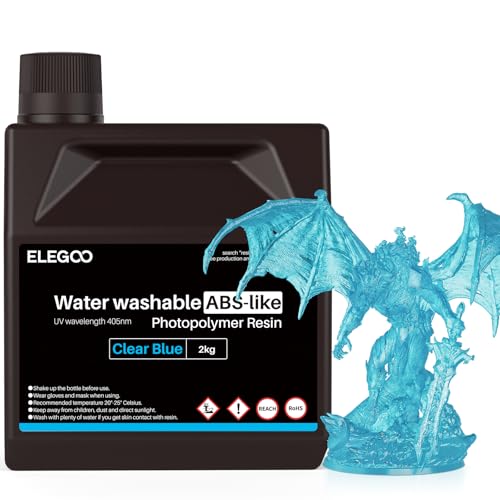 Image of ELEGOO Water Washable ABS-Like Resin, 3D Printer Resin with High Toughness, Low Viscosity and High Precision, 405nm Rapid UV-Curing Photopolymer Resin, Clear Blue 2000g