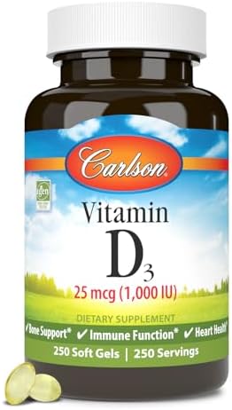 Carlson – Vitamin D3, 1000 IU (25 mcg), Bone Health, Muscle Health, Cholecalciferol, Vitamin D Supplements, Vitamin D3 Soft Gels, 250 Softgels