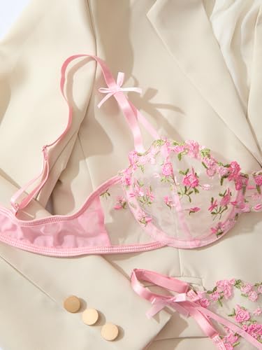 Image of Lilosy Sexy Underwire Cute Push Up Strappy Embroidered Mesh Sheer Lingerie Set See Through Panty Bra