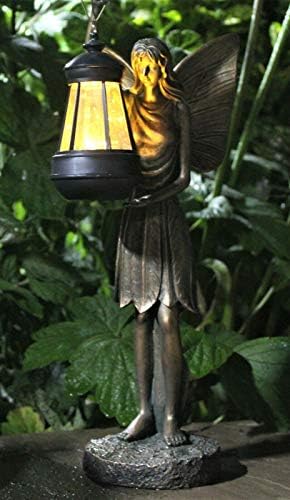 Solar Powered Fairy Garden Resin Ornament Angel Cherub with LED Light, Hand Painted Figurine Statue for Pond Porch Patio Yard Porch Decorations Bronze effect - 38cm
