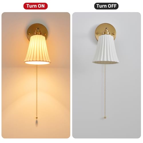Image of Hardwired Wall Sconces Wall Lighting Set of 2, Modern Ceramic Gold Wall Sconce Light with Pull Chain Switch, Indoor Bedside Wall Lamp Light Fixture for Living Room Bedroom Kitchen Home Office Hallway