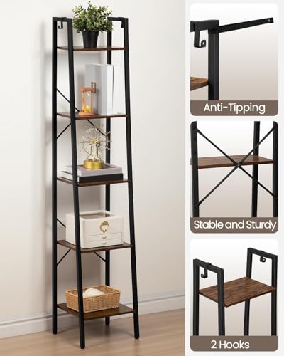 Hzuaneri-Ladder-Shelf-Bookshelf-Freestanding-Corner-Storage-Shelf-Bookcase-with-2-Hooks-for-Office-Living-Room-Kitchen-Bedroom-Industrial-118D-x-134W-x-63H-Rustic-Brown-BC03201B