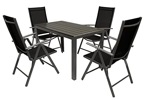DEGAMO Gartengarnitur Sorano 5-teilig, 4X Hochlehner Klappsessel Alu + Kunstgewebe schwarz, 1x Tisch Alu + Kunstholz 70x125cm grau