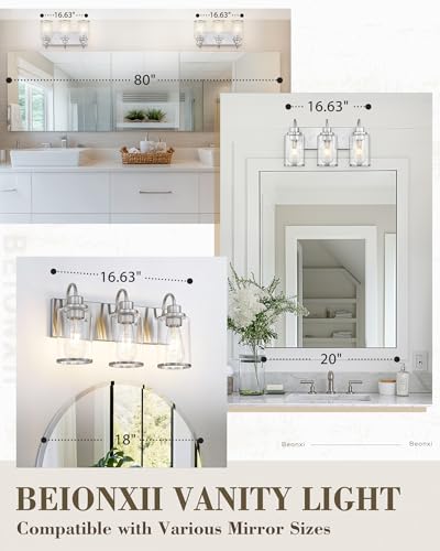 Image of Beionxii 3-Light Bathroom Light Fixtures, Brushed Nickel Bathroom Light Fixtures Over Mirror, Bathroom Vanity Light with Clear Glass Shade, Modern Vanity Lighting for LivingRoom Hallway, BX-VL01BN-3CG