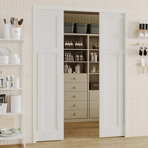 Image of Sliding Pocket Door, 48 inch(2 x 24) x 80 inch, T-Shaped Core with Frame and Hardware Kit Set, Interior Doors for Pocket Door, White Primed - No Panel Assembly Required