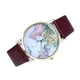 VANKER Marrón Moda Reloj de Pulsera Mapa del Mundo Decorativo Correa de Cuero de PU...