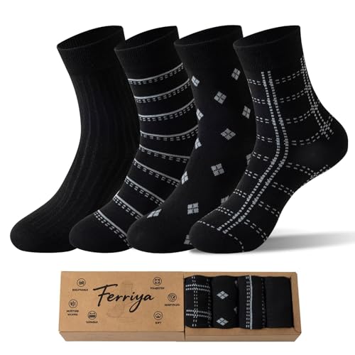4 Pairs Men's Patterned Socks with Seamless Toe, Moisture Wicking Black Work Socks, Ideal for Business Occasions