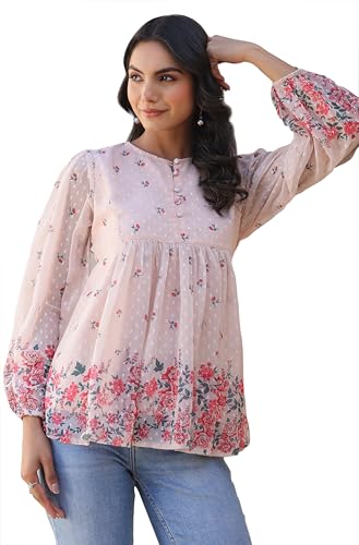 Image of Janasya Women's Peach Georgette Floral Print Flared Top