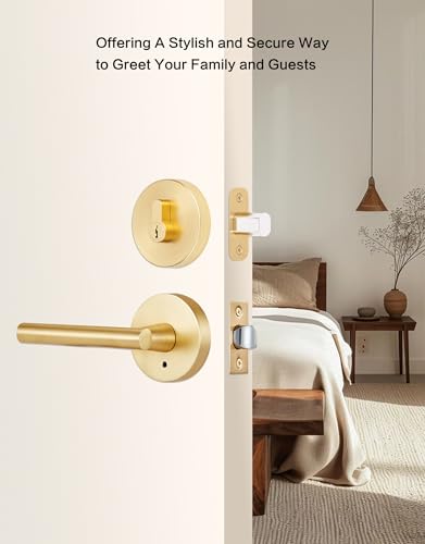 Image of Lethato Gold Door Handle and Deadbolt Set, Heavy Duty Front Door Lock Set, Exterior Door Lever Single Keyed Round Deadbolt Lock (1 Pack)