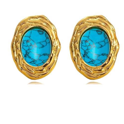 DEYOUM 14k Gold-Plated Turquoise Earrings for Women Boho Trendy Western Vintage Chunky Turquoise Gemstone Birthstone Round Shape Stud Earrings Party Bridal Wedding Fashion Jewelry Gifts (turquoise)