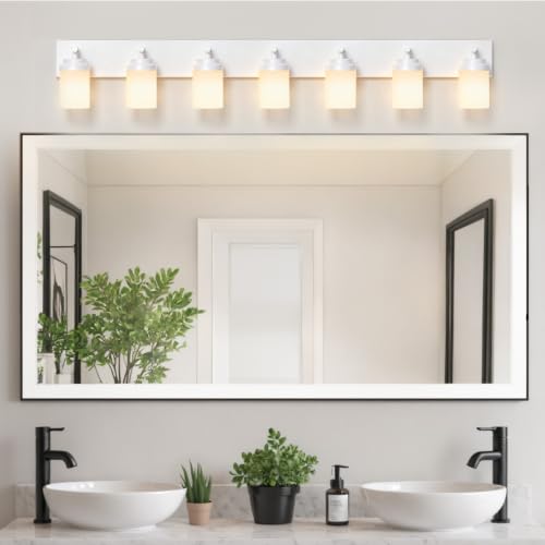 Image of IZORRO Bathroom Light Fixture White, White Glass Shade 52-Inch 7-Light