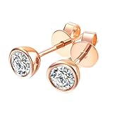Homxi Pendientes en Oro Rosa 18Kilates para Mujer, Simple Redondo con Diamante de 0.2ct, Pendientes Mujer de Oro Rosa
