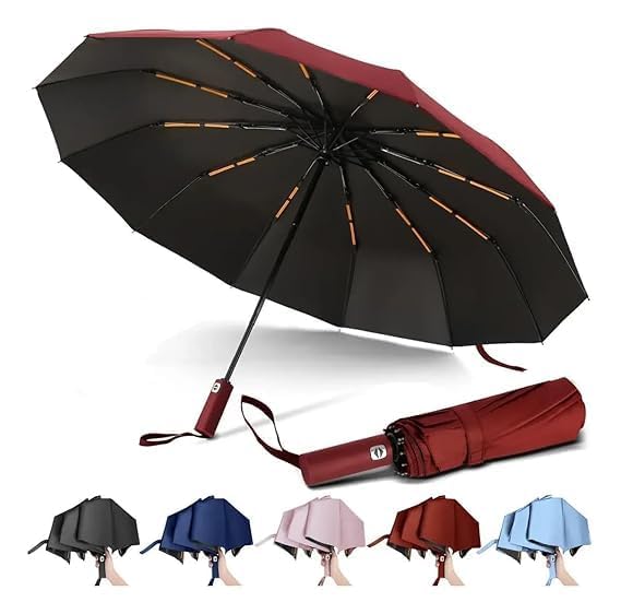 Image of Automatic Open Close Windproof Folding Travel Umbrella, Portable Compact Rain Umbrella for Men & Women Strongest Premium Auto Folding Umbrella for Rain and Sun (maroon)