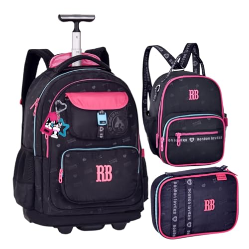 Rebecca Bonbon Kit Mochila Escolar com Rodinha, Lancheira e Estojo RB, 3 Peças, Bonbon Lovers (Preto)