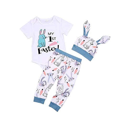 3Pcs Baby Boy 1st Easter Outfits Short Sleeve Bodysuit Romper Bunny Pants Rabbit Ear Cap Clothes Set (White+Blue, 0-3 Months)