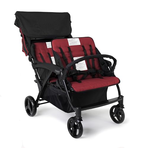 Gaggle by Foundations Odyssey 4 Seat Quad Stroller | 4-Seat Stroller for Daycare | Oversized Canopy and Bench Seats | 5-Point Harness | Foot Brake | All Terrain Tubeless Wheels | Red/Blk