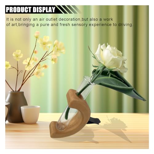 Image of Car Vent Flower Vase Clip Holder, Wooden Car Vase Vent Clip Glass Tube for Fresh Plants, Auto Interior Wooden Ornament Decorations Accessories, Air Vent Flower Pot Ornament for Car (Mahogany)