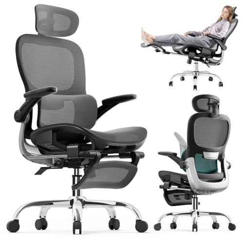 Ergonomic Office Chair, Mesh Seat Cushion with Flip-Up Armrests and 3D Headrest, Adjustable Lumbar Support, SGS Class 4 Gas Clylinder, Light Grey