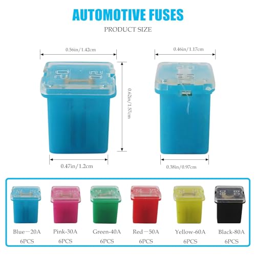 Kit de fusibles para automóvil, 36 piezas, formato bajo (low profile), fusibles rectangulares para camionetas, camiones, RV y SUV (20 A, 30 A, 40 A, 50 A, 60 A y 80 A, 6 piezas cada uno) miniatura 3
