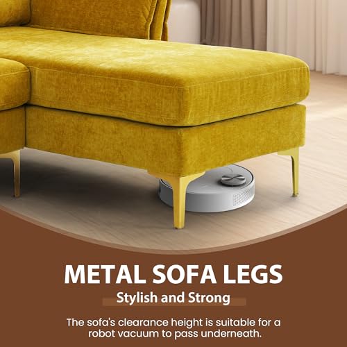 YuuYee 87”Chenille L Shaped Sectional Couches for Living Room,3 Seat Compfy Sofa with Lounge Chaise for Small Spaces,Mid Century Modern Style,Golden Yellow