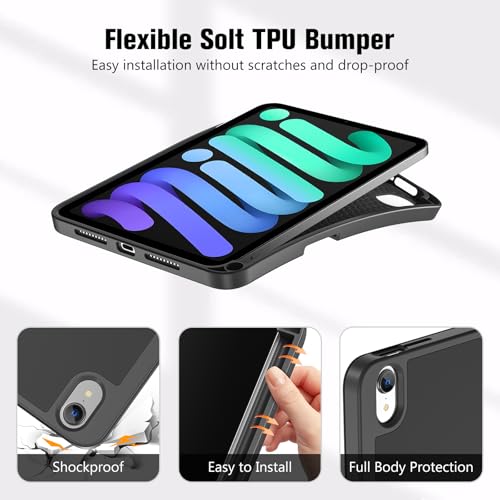 ProCase iPad Mini A17 Pro 第7世代 (2024発売) Mini6 第6世代 (2021発売) ケース 8.3インチ ペンホルダー付き オートスリープ/ウェイク機能 耐衝撃 三つ折りスタンド 適用機種：iPad Mini A17 Pro 第7世代 2024、iPad Mini 6世代 2021 - ブラック