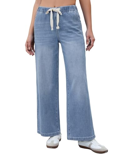 luvamia Wide Leg Jeans Woman High Waisted Trendy Pull On Elastic Waist Drawstring Stretchy Denim Jean Pants with Pockets Womens Summer Clothes Modern Blue Medium Fits Size 8 Size 10