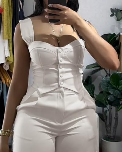 CHICME Women's 2 Piece Outfit Thick Strap Button Front Tank Top with Wide Leg Pants Casual Outfit Sets2